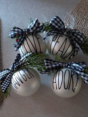 Matte White Holiday Ornaments with Black Gingham Bows - Set of 4